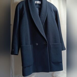 Jones New York Women's 100% Wool Overcoat Vintage Navy Blue Size M